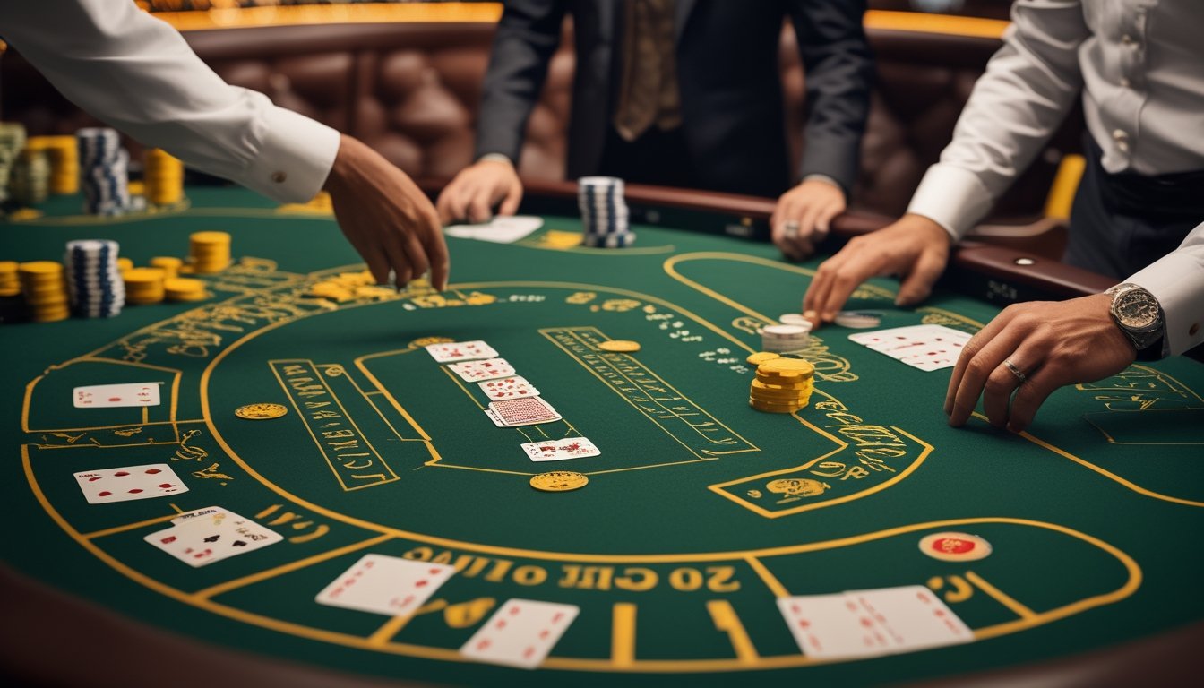 Seorang pemain pemula mempelajari tata letak meja blackjack sambil menempatkan chip dengan benar di hadapan dealer kasino.
