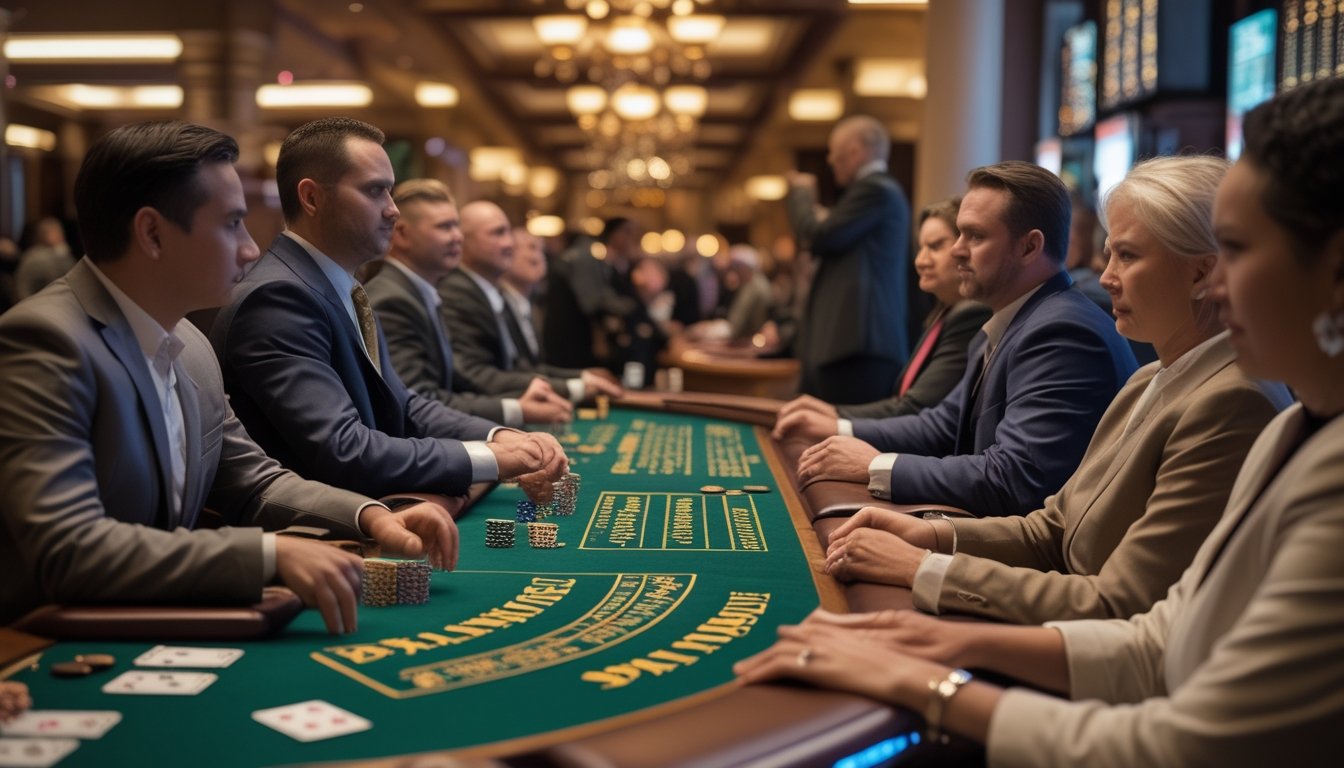 Pemula bermain blackjack dengan sopan di meja kasino bersama dealer.