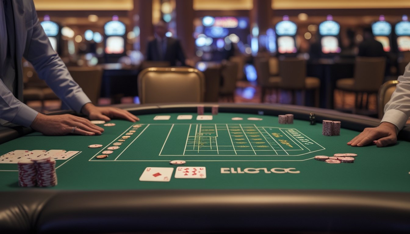 Pemain pemula berdiri dengan sopan di samping meja blackjack kasino sebelum duduk, sementara dealer menata kartu dan chip.