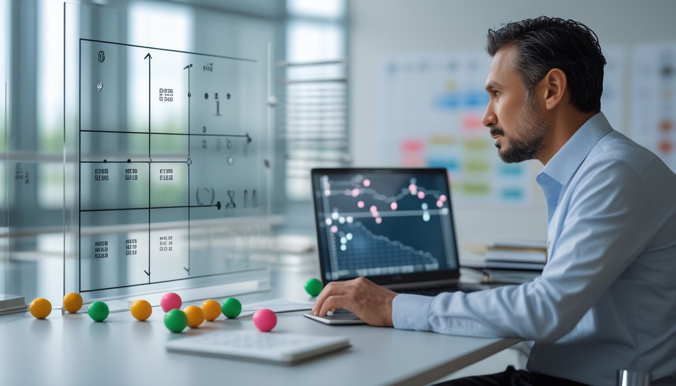 Seorang analis mempelajari pola data acak dan bola bernomor di ruang kerja modern.