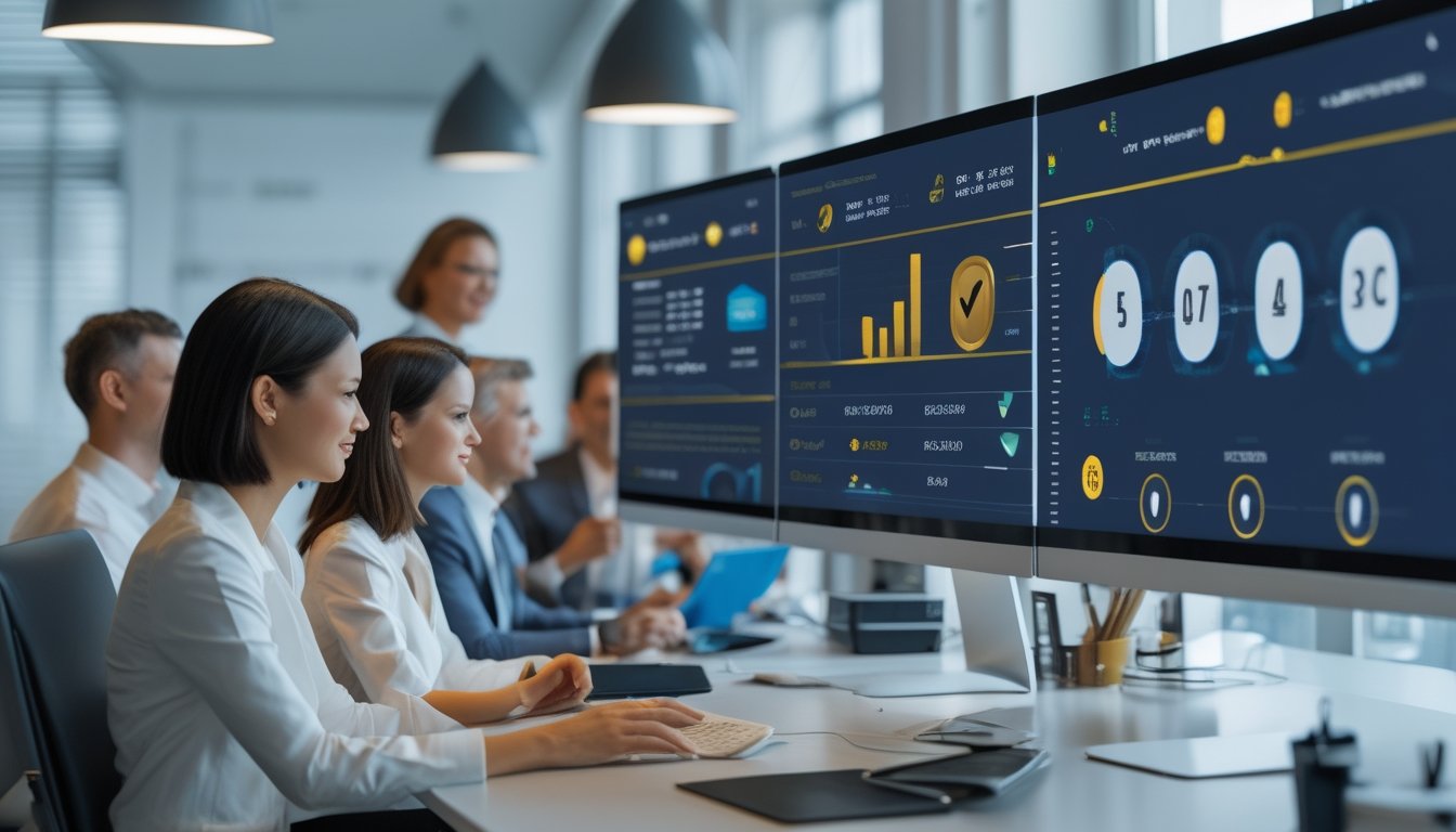 Sekelompok profesional memantau dasbor digital dengan simbol keamanan dan suasana perayaan di kantor modern.