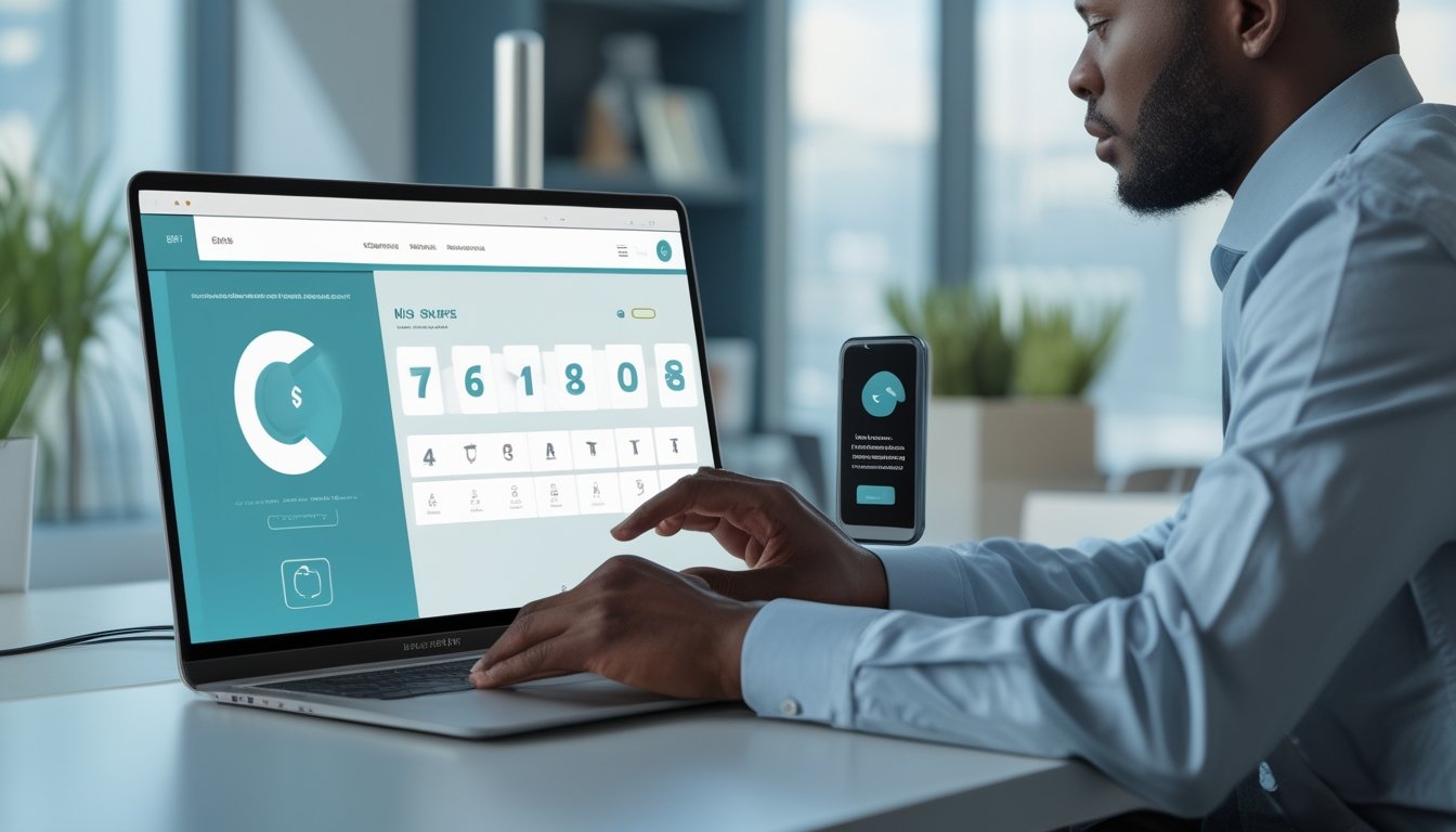 Seorang profesional memeriksa platform lotre digital yang aman di laptop dengan simbol perisai dan verifikasi.