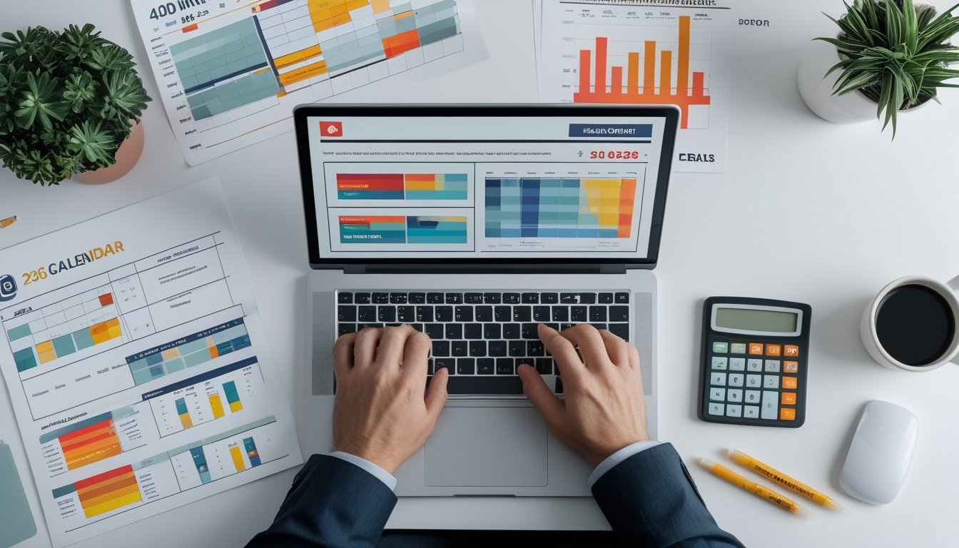 Meja kerja modern dengan laptop, tabel berwarna, kalender, alat tulis, dan kalkulator.