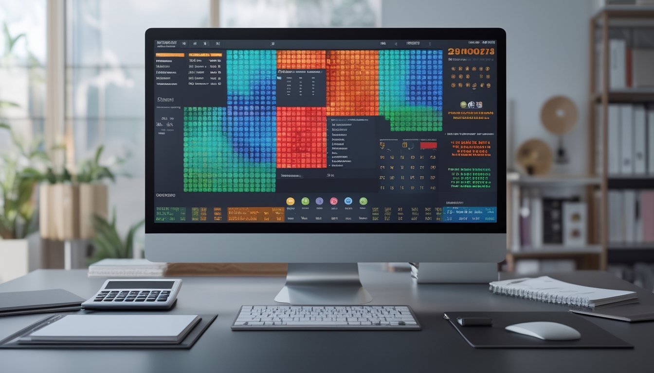 Meja kerja dengan monitor menampilkan pola data warna-warni yang samar untuk analisis hasil togel 4D.