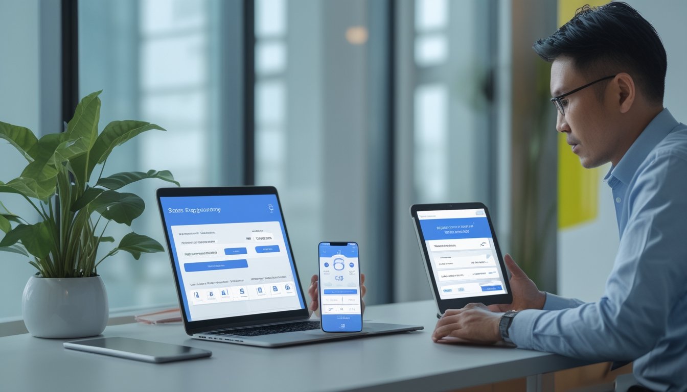 Seseorang menggunakan ponsel dan laptop untuk mengelola pendaftaran akun serta pembayaran digital di ruang kerja modern.