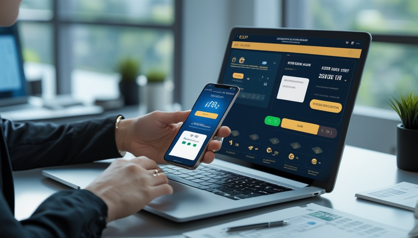 Seseorang memeriksa layanan pembayaran dan verifikasi akun digital di meja kerja modern.