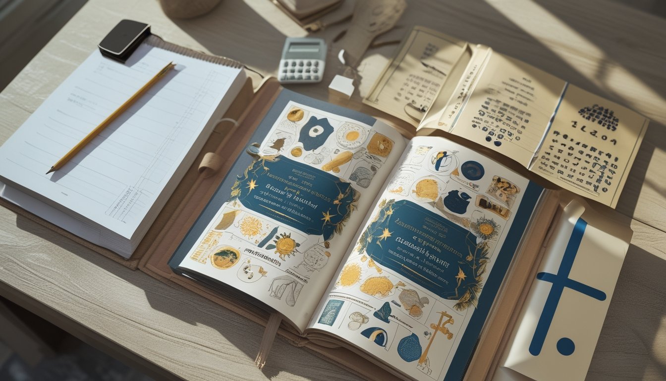 Buku bergambar terbuka dengan simbol mimpi, buku catatan kosong, pensil, kalkulator, dan kartu-kartu tersusun di atas meja.