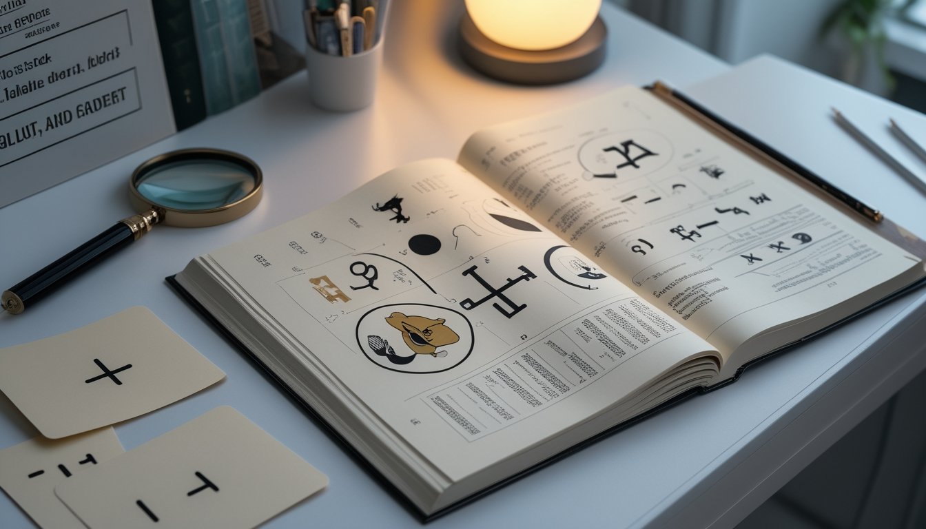 Buku referensi terbuka dengan ilustrasi simbol dan benda-benda analisis di atas meja kerja.