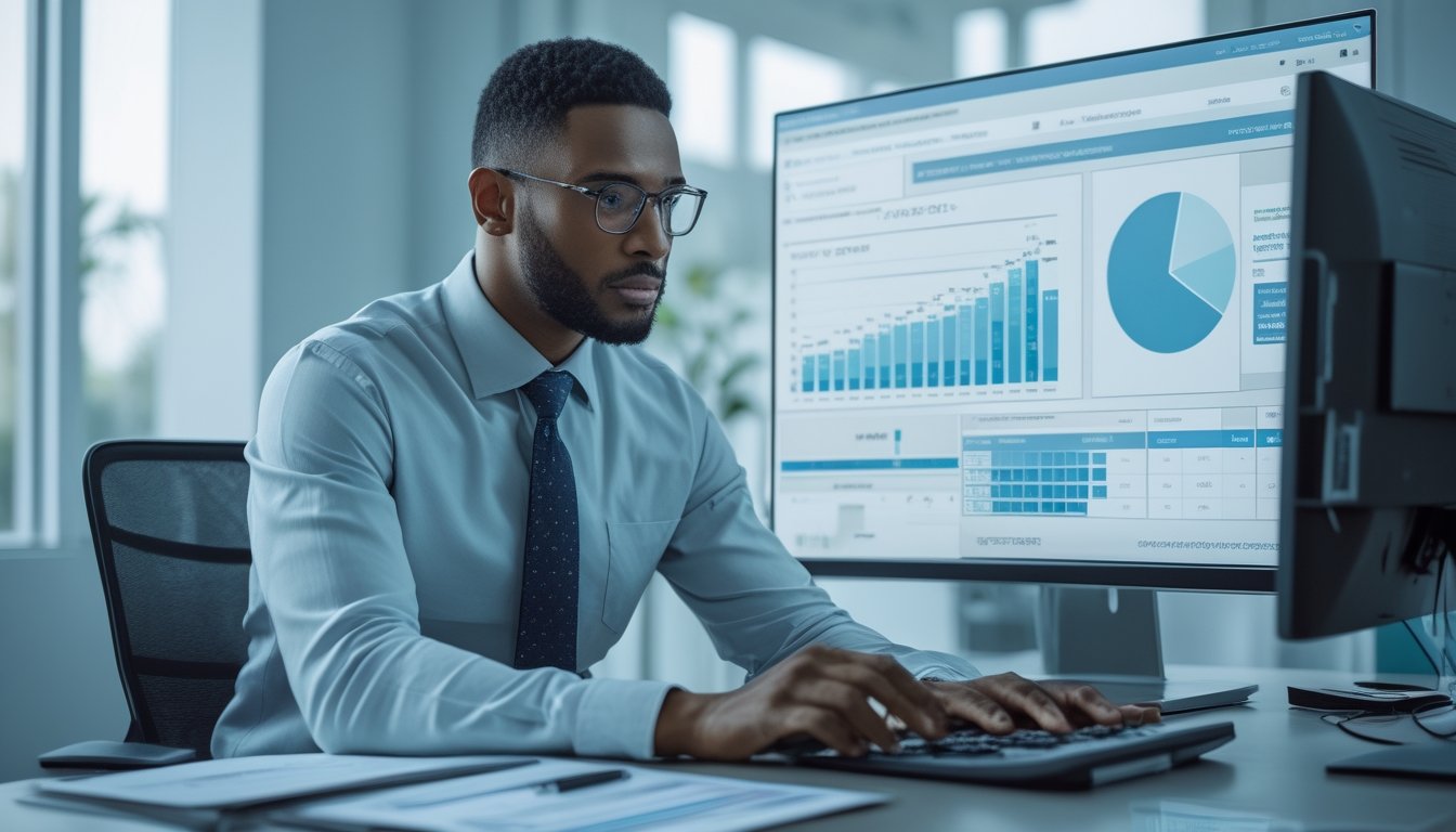 Seorang analis dewasa memeriksa grafik statistik dan data probabilitas di ruang kerja modern.