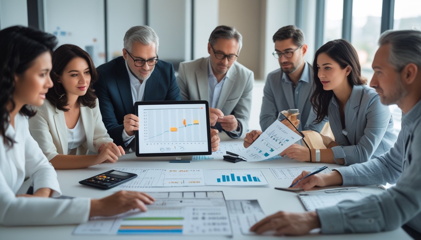 Sekelompok orang menganalisis grafik peluang dan risiko dalam suasana kantor modern.