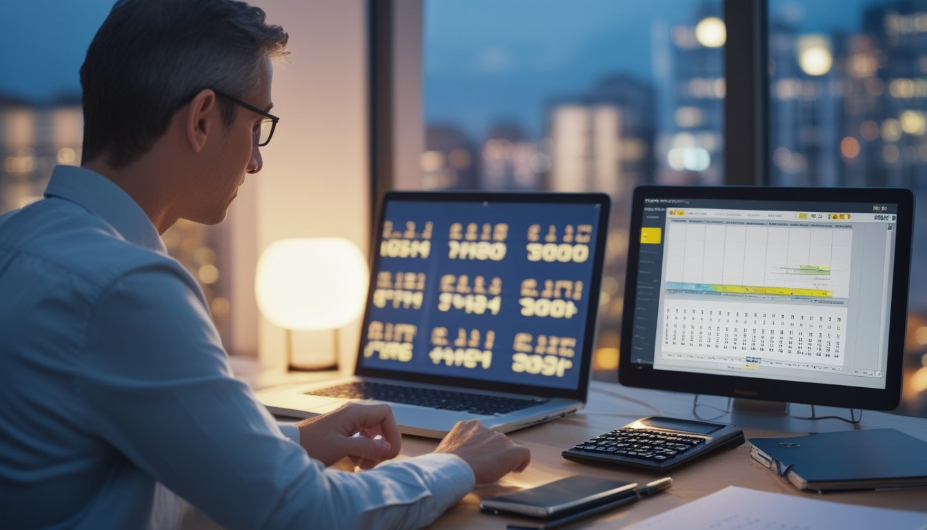 Seorang analis memeriksa grafik angka di meja kerja modern dengan laptop dan kalkulator.
