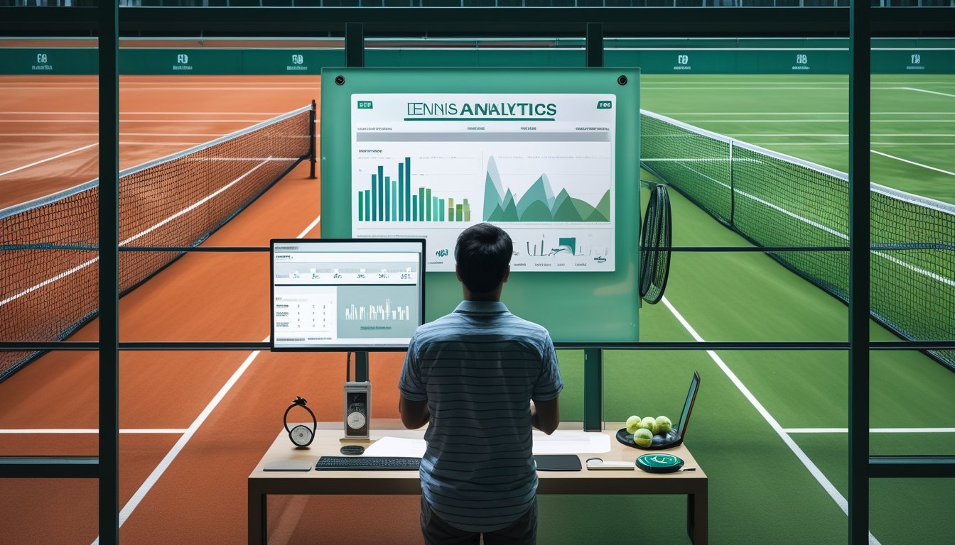 Analis olahraga membandingkan data performa tenis di lapangan tanah liat dan lapangan rumput.