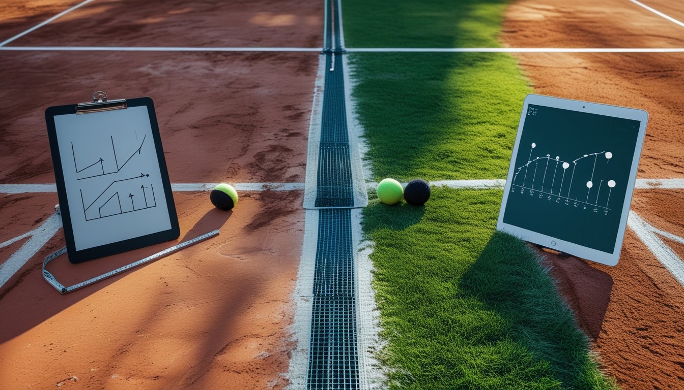 Perbandingan lapangan tenis tanah liat merah dan rumput hijau dengan perlengkapan analisis di sekitarnya.