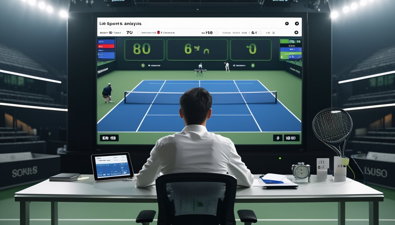 Analis mengamati pertandingan tenis langsung melalui layar di arena modern.