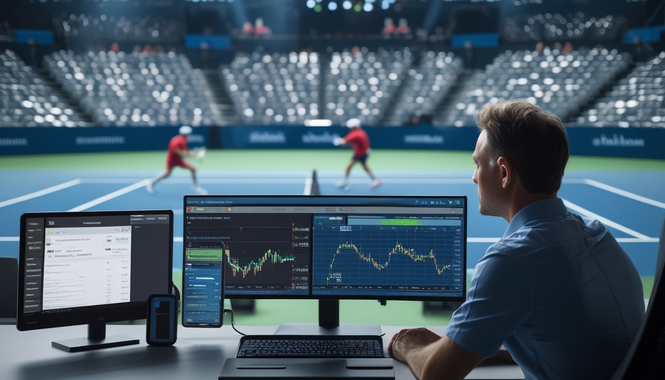 Seorang analis memantau pertandingan tenis langsung dan statistik pertandingan di ruang kerja modern.