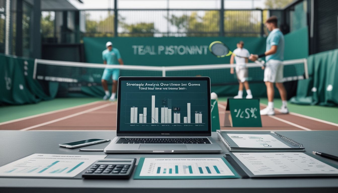 Analisis statistik pertandingan tenis dengan laptop, grafik, dan dua pemain yang sedang bertanding di lapangan.
