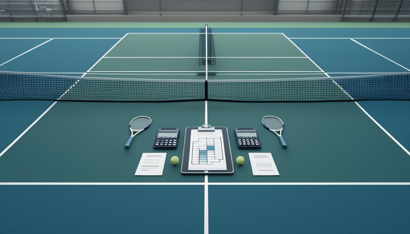 Dua pemain tenis bertanding di lapangan dengan perlengkapan analisis pertandingan di sisi lapangan.