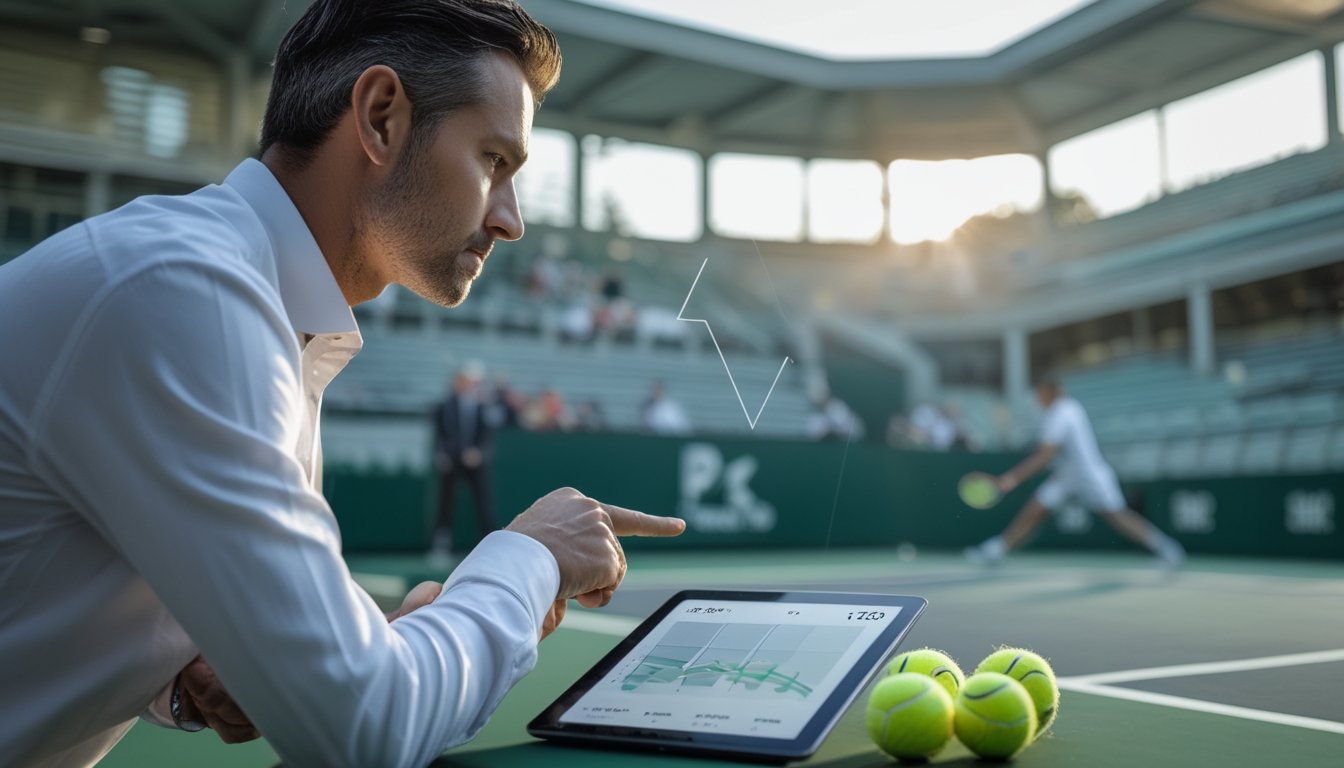 Seorang analis mempelajari tablet di tepi lapangan saat pertandingan tenis berlangsung di stadion.