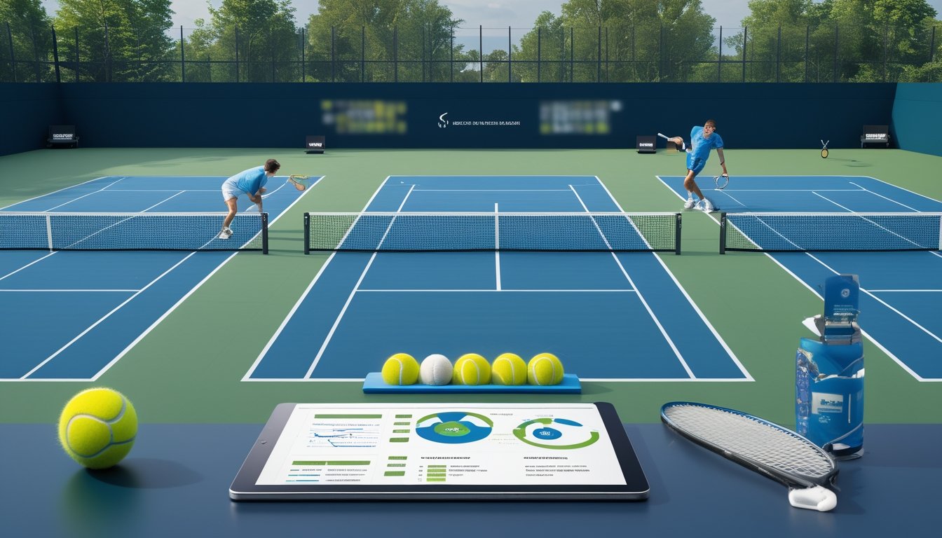 Dua pemain tenis bertanding di lapangan, dengan perlengkapan analisis pertandingan di bagian depan.