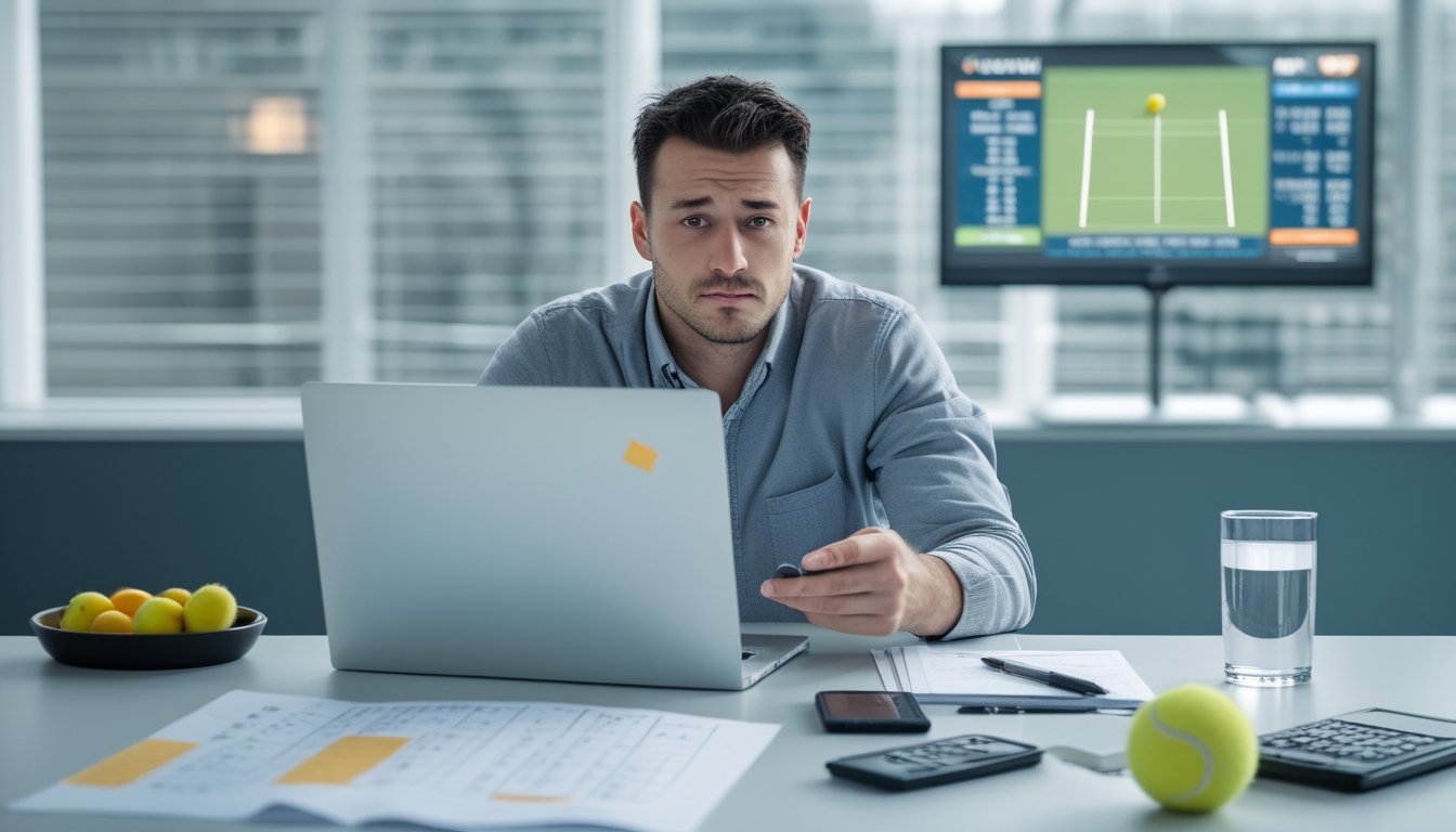 Seorang pemula tampak bingung membandingkan statistik pertandingan tenis di meja dengan laptop, ponsel, dan perlengkapan tenis.