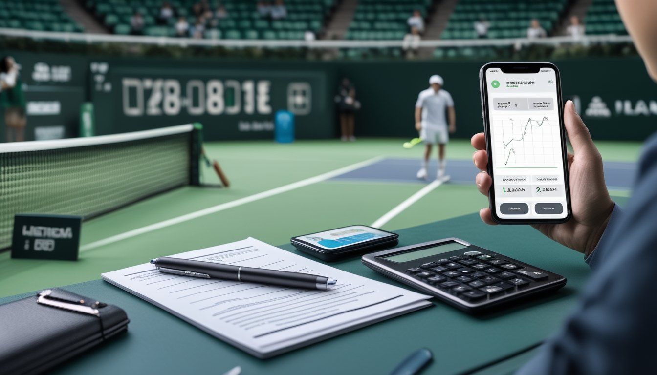 Seorang pemula mempelajari statistik pertandingan tenis dan peluang taruhan dari tribun stadion.