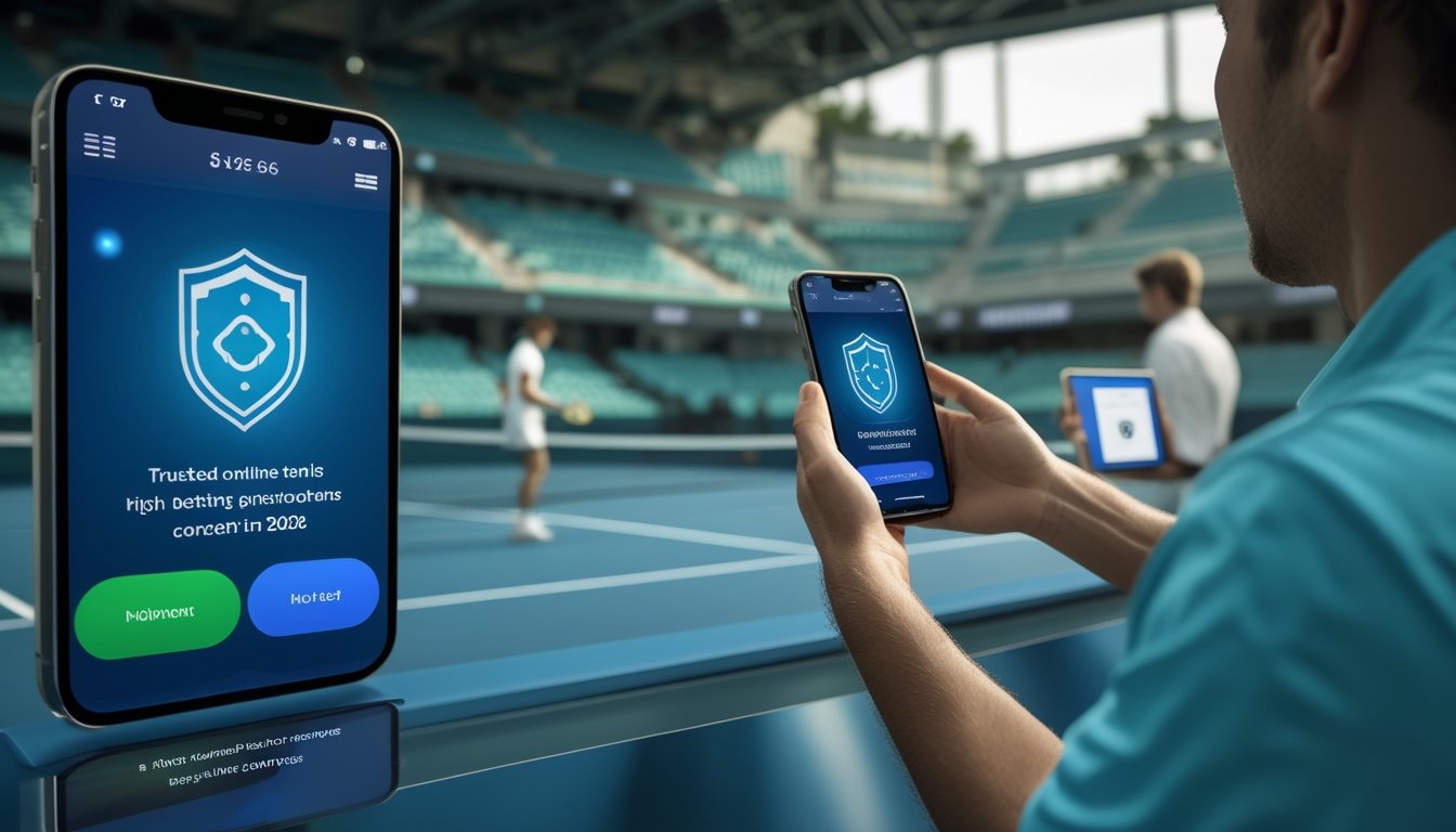 Pemain tenis profesional bersiap melakukan servis di lapangan stadion modern, dengan seseorang melihat tablet di latar belakang.