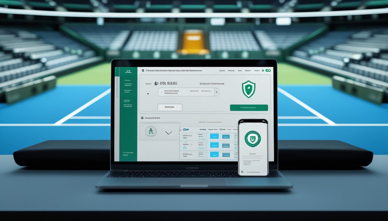 Laptop dan ponsel menampilkan platform olahraga aman dengan simbol perisai, di depan stadion tenis modern.