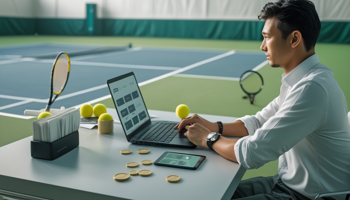 Seorang penggemar tenis menyusun rencana keuangan di meja dekat lapangan tenis dengan laptop, kalkulator, raket, dan bola tenis.