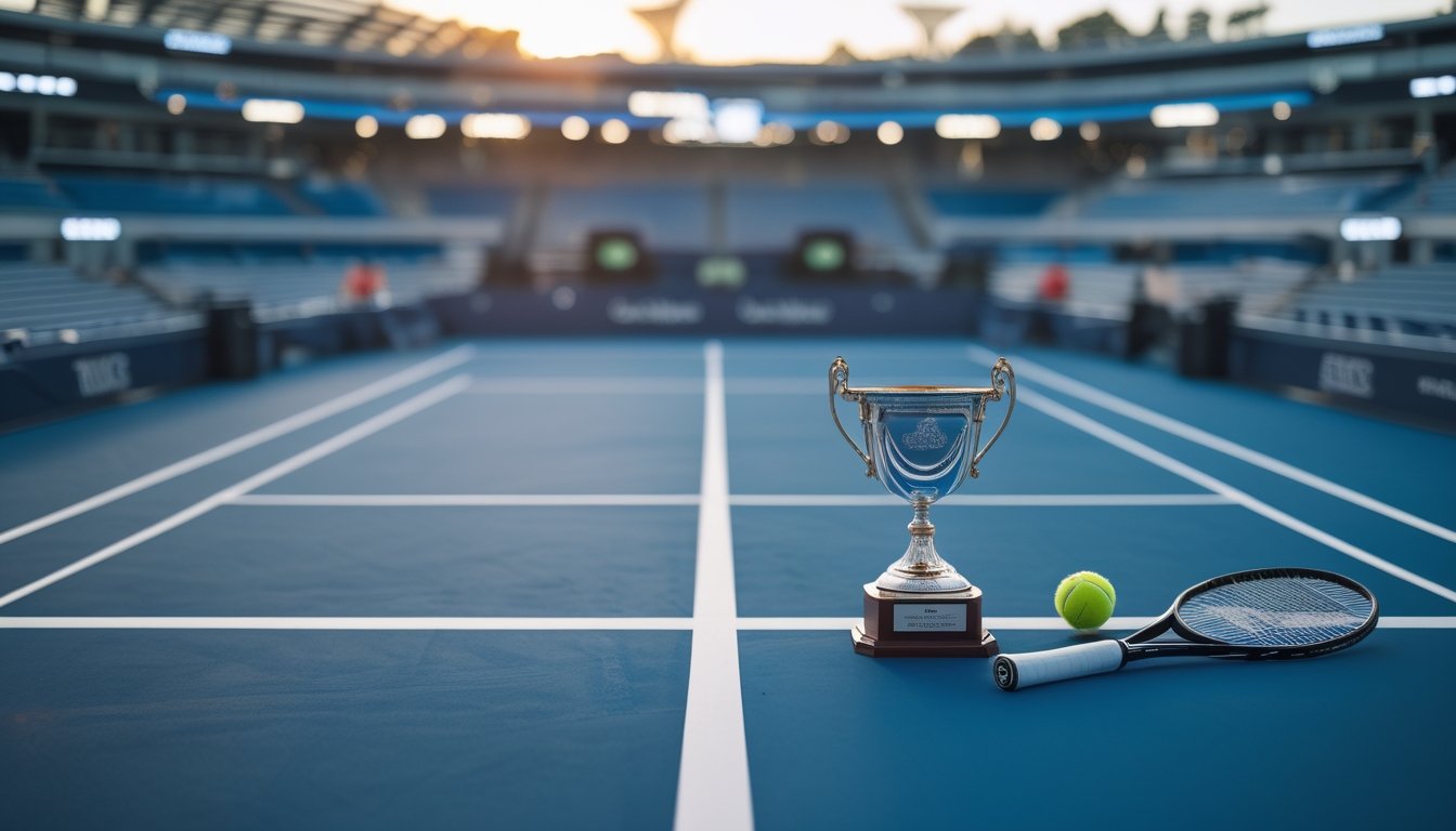Lapangan tenis stadion dengan trofi juara, raket, dan bola tenis yang menggambarkan prediksi pemenang turnamen jangka panjang.