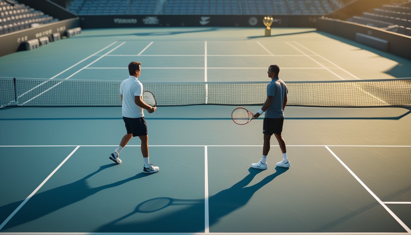 Dua pemain tenis bertanding di lapangan dengan papan turnamen dan trofi di latar belakang.