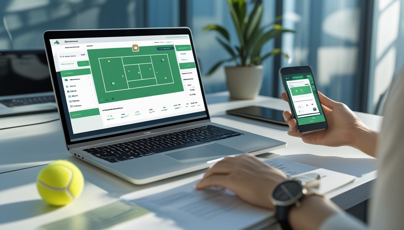 Seseorang menggunakan laptop dan ponsel dengan tampilan abstrak terkait fitur cash out taruhan tenis, disertai raket dan bola tenis.