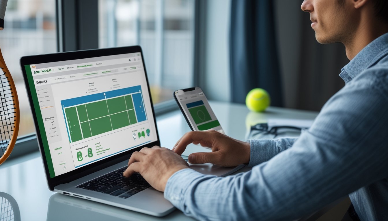 Seseorang memantau pertandingan tenis dan antarmuka pencairan dana di laptop pada meja kerja.