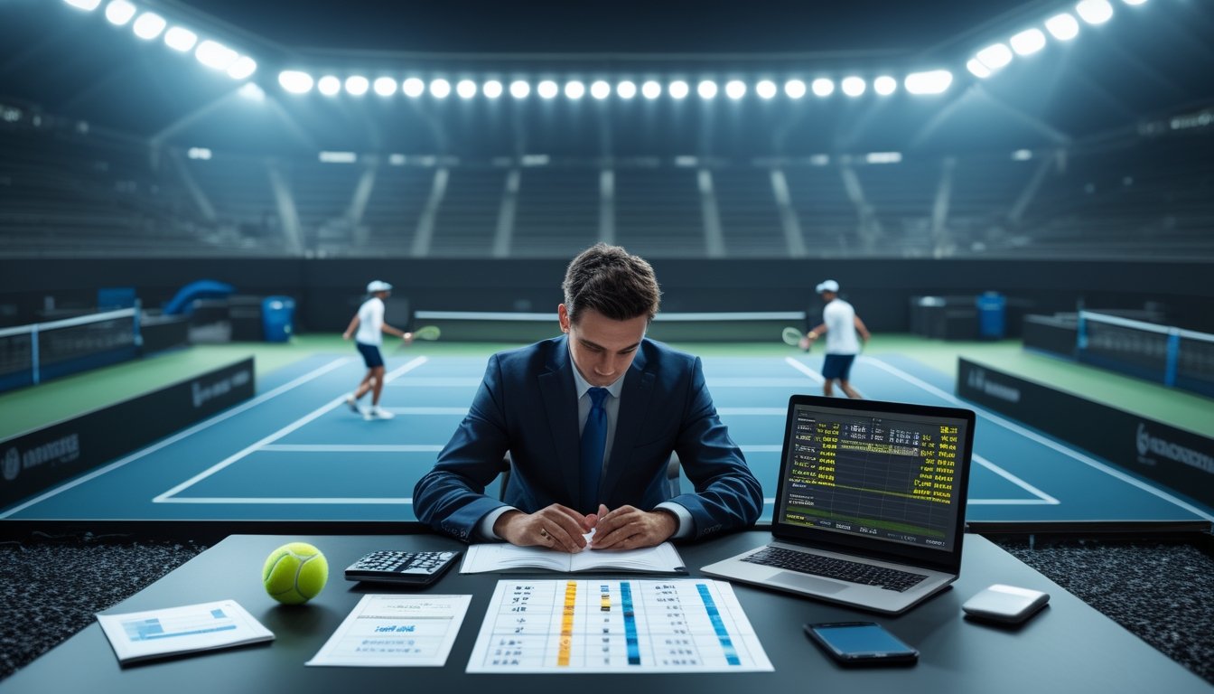 Seorang analis mempelajari statistik pertandingan tenis saat dua pemain bertanding di stadion.