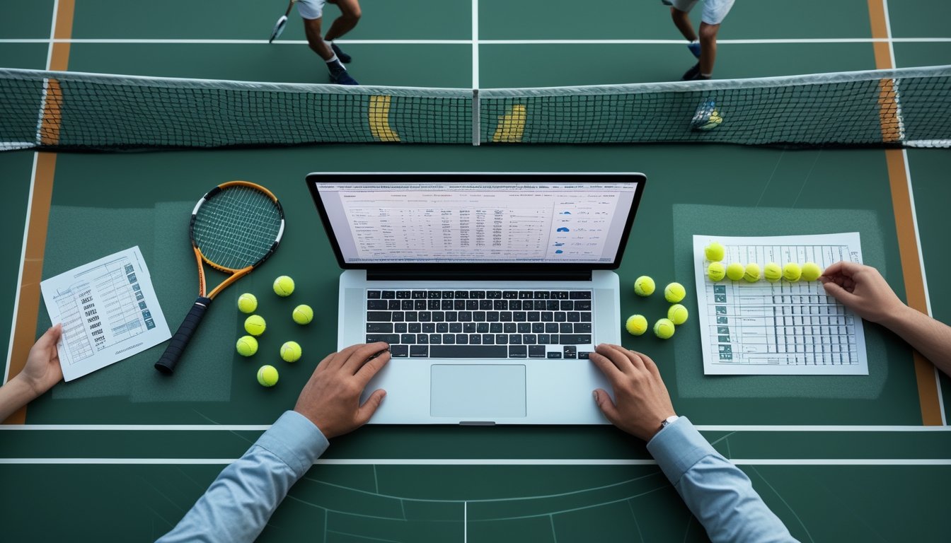 Pemain tenis bertanding sementara seorang analis meninjau data pertandingan di sisi lapangan.