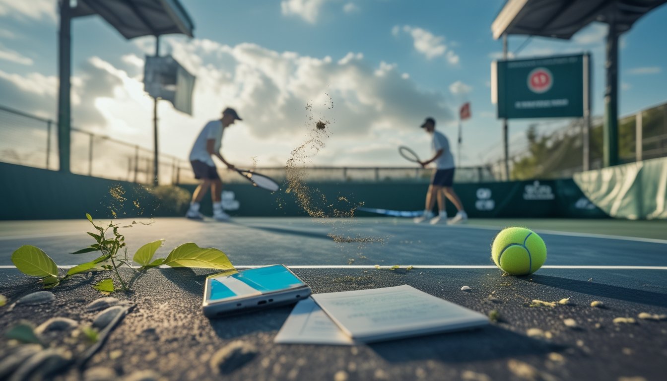 Dua pemain tenis bertanding di lapangan terbuka dalam kondisi berangin dan berawan, dengan ponsel serta perlengkapan tenis di latar depan.
