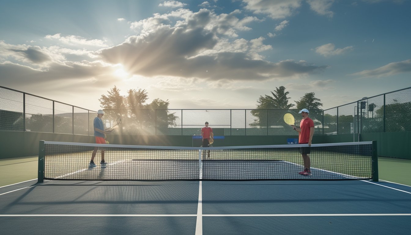 Pemain tenis bertanding di lapangan terbuka dalam kondisi berangin dan cuaca berubah-ubah, sementara seorang analis mengamati dari sisi lapangan.