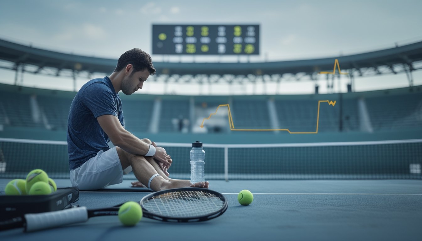 Seorang pemain tenis yang cedera sedang diperiksa tenaga medis di sisi lapangan, dengan perlengkapan tenis dan papan analisis di dekatnya.