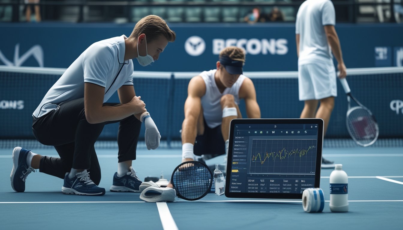 Pemain tenis yang cedera sedang diperiksa di pinggir lapangan, sementara seorang analis meninjau data pertandingan di tablet.