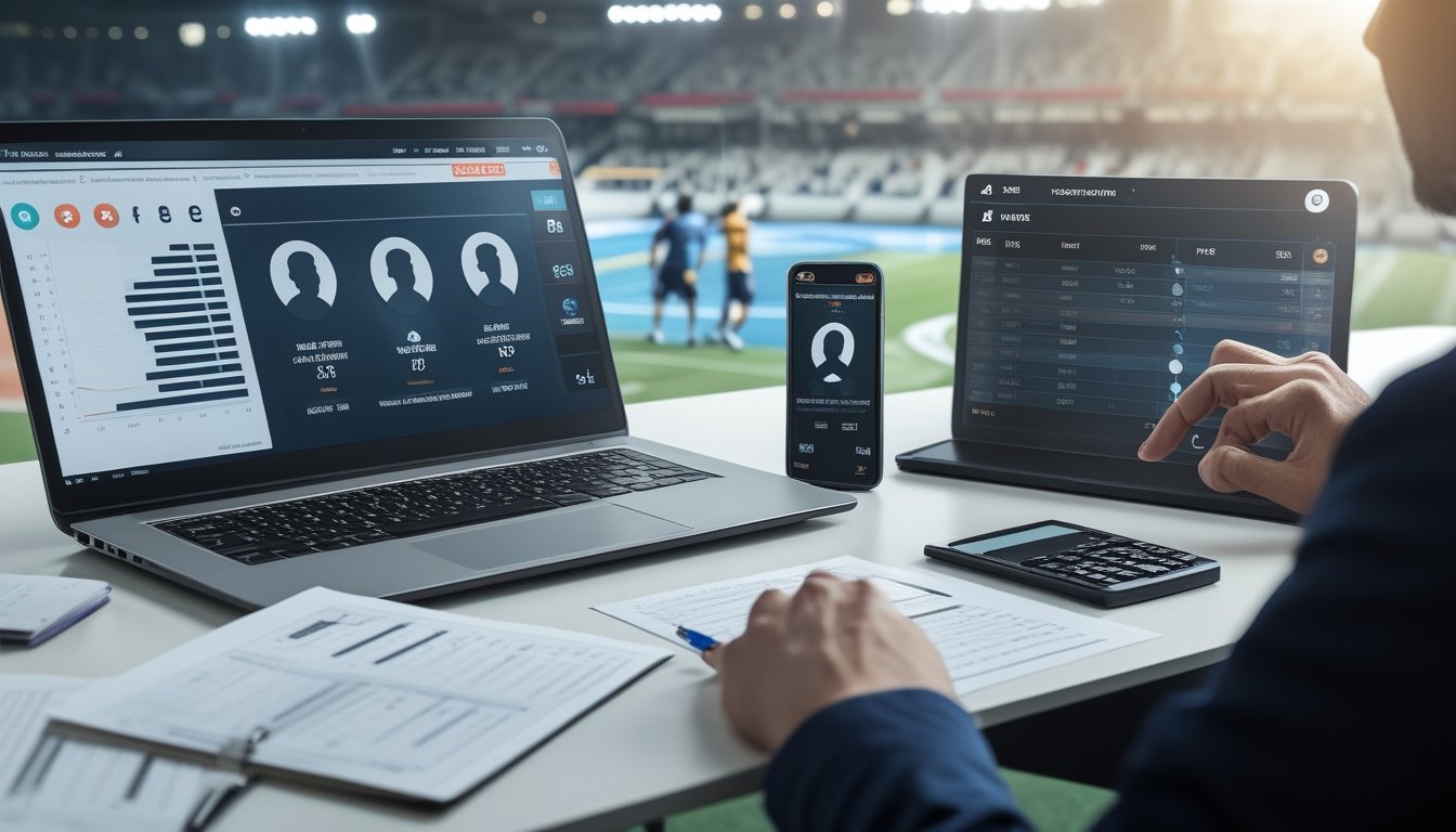 Seseorang membandingkan data performa dua pemain menggunakan laptop, dokumen statistik, dan catatan di meja analisis olahraga.