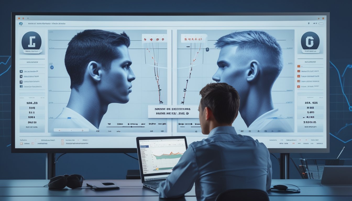 Analis olahraga membandingkan data performa dua pemain pada layar digital sebelum mengambil keputusan taruhan.
