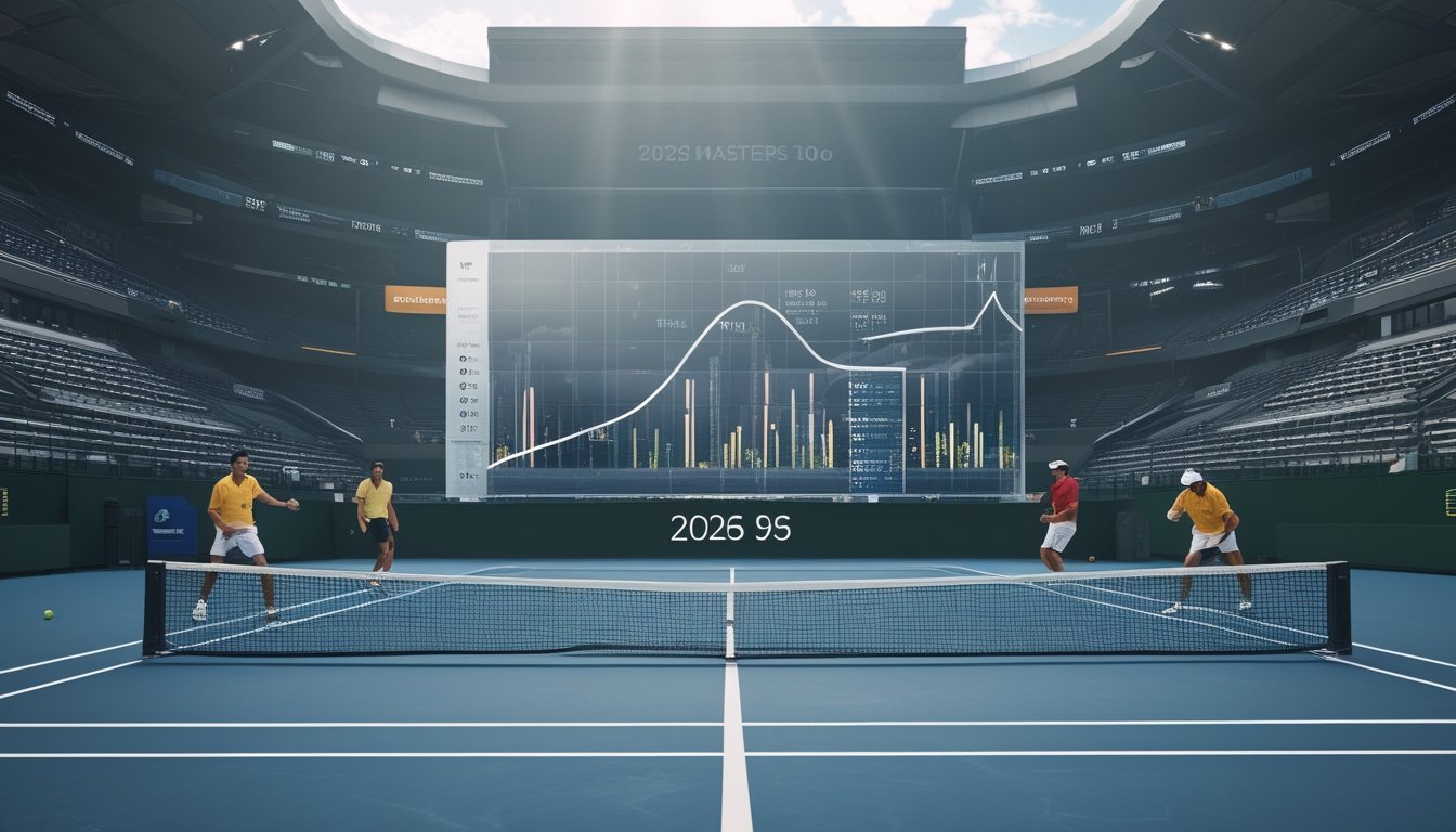Petenis unggulan bertanding di lapangan stadion dengan elemen visual abstrak yang menggambarkan analisis performa.