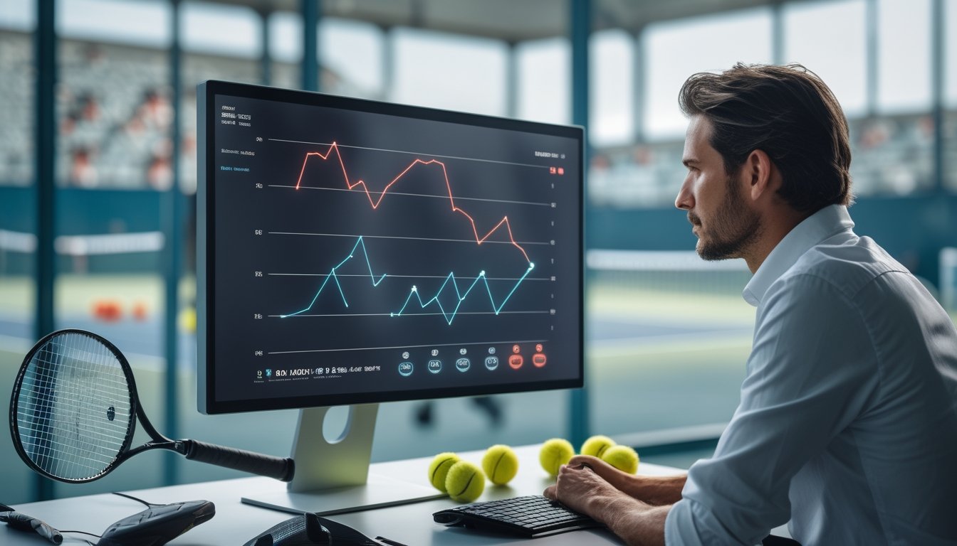 Seorang analis mengamati grafik pergerakan data pertandingan tenis di depan layar, dengan raket dan bola tenis di meja serta lapangan tenis di latar belakang.