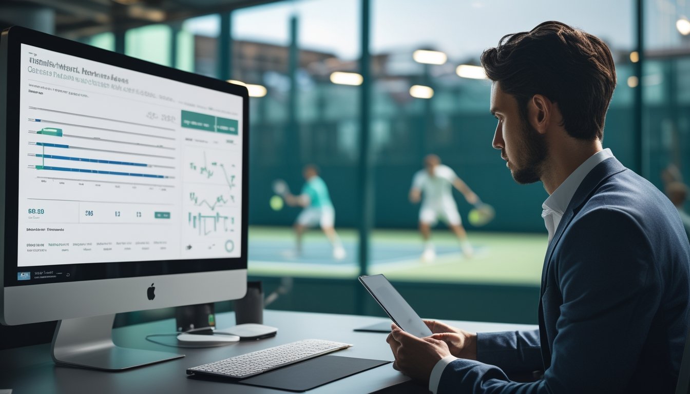 Seorang analis olahraga mengamati grafik pergerakan pasar sambil melihat pertandingan tenis di stadion.