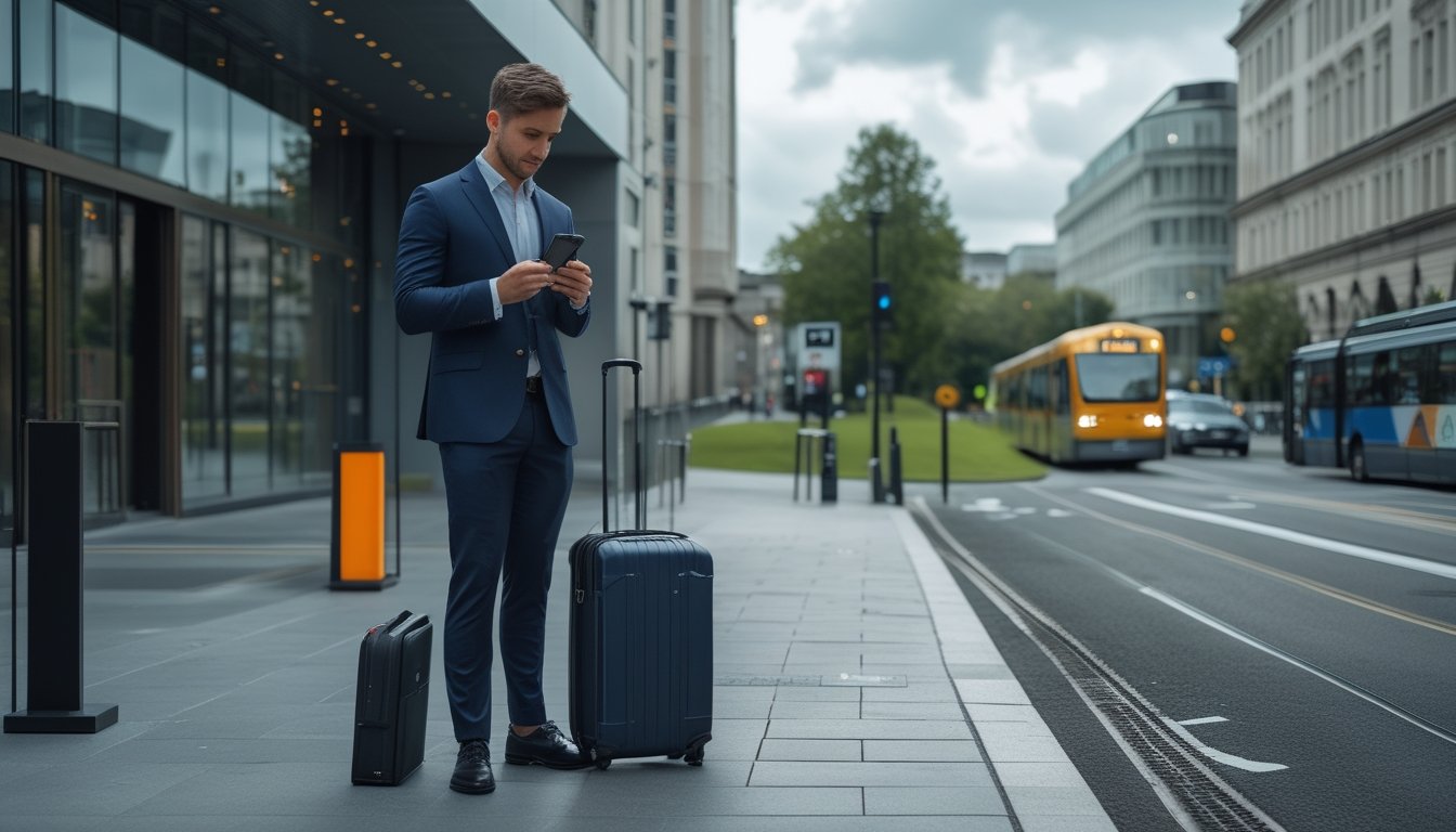 Wisatawan dengan koper melihat peta di dekat hotel, trem, bus kota, dan lapangan golf di Dublin.