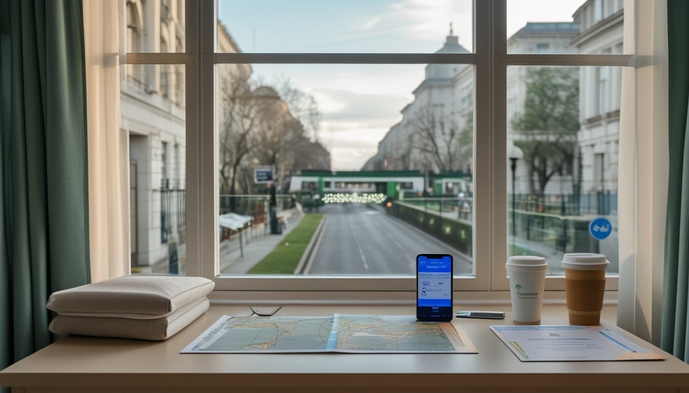 Kamar hotel modern di Dublin dengan pemandangan kota, perlengkapan perjalanan, dan akses transportasi di luar jendela.