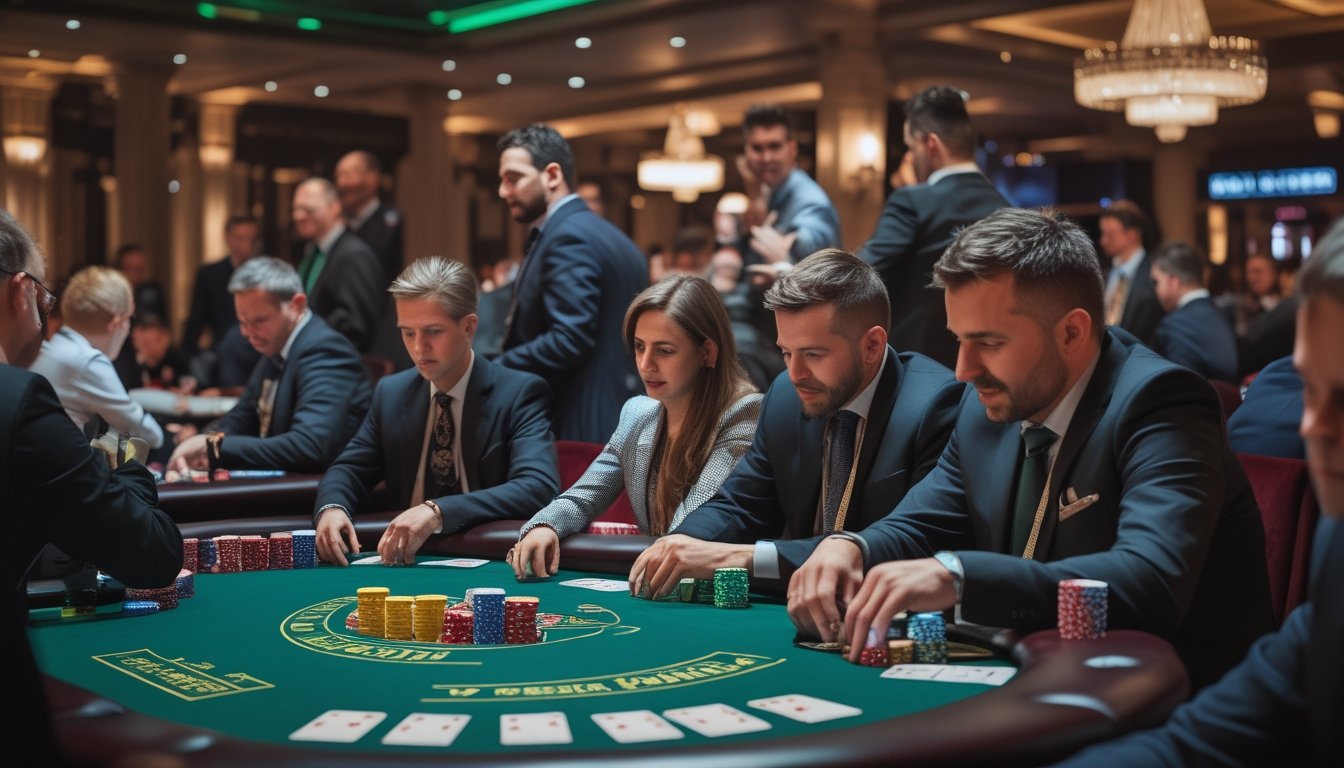 Suasana turnamen poker besar dengan beberapa meja permainan, pemain yang fokus, dealer, kartu, dan tumpukan chip.