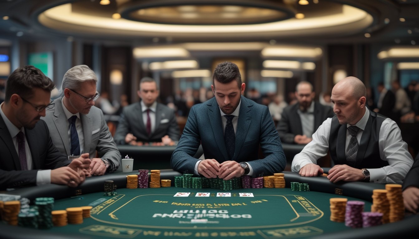 Suasana turnamen poker besar dengan pemain yang fokus, tumpukan keping poker, dan dealer di meja utama.
