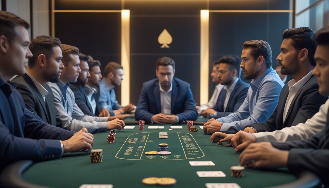 Pemain poker profesional dari berbagai negara berkompetisi di meja turnamen dengan suasana tegang dan penuh konsentrasi.