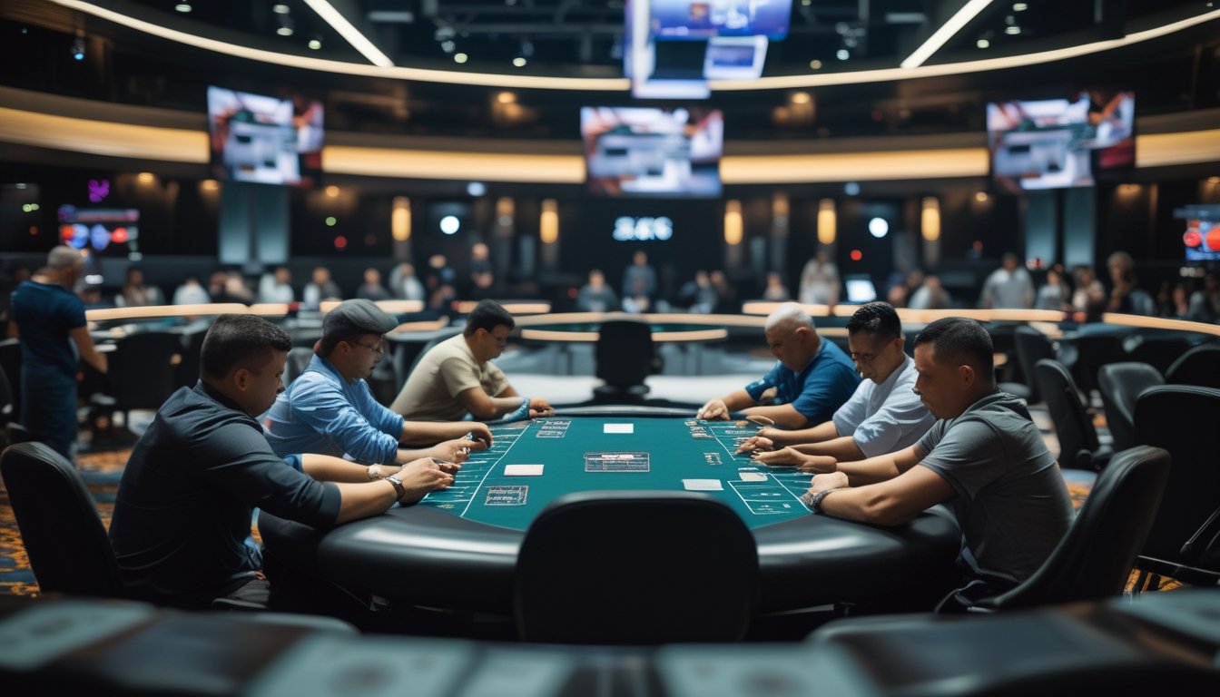 Pemain poker internasional duduk serius di meja turnamen sambil mempelajari kartu dan strategi.
