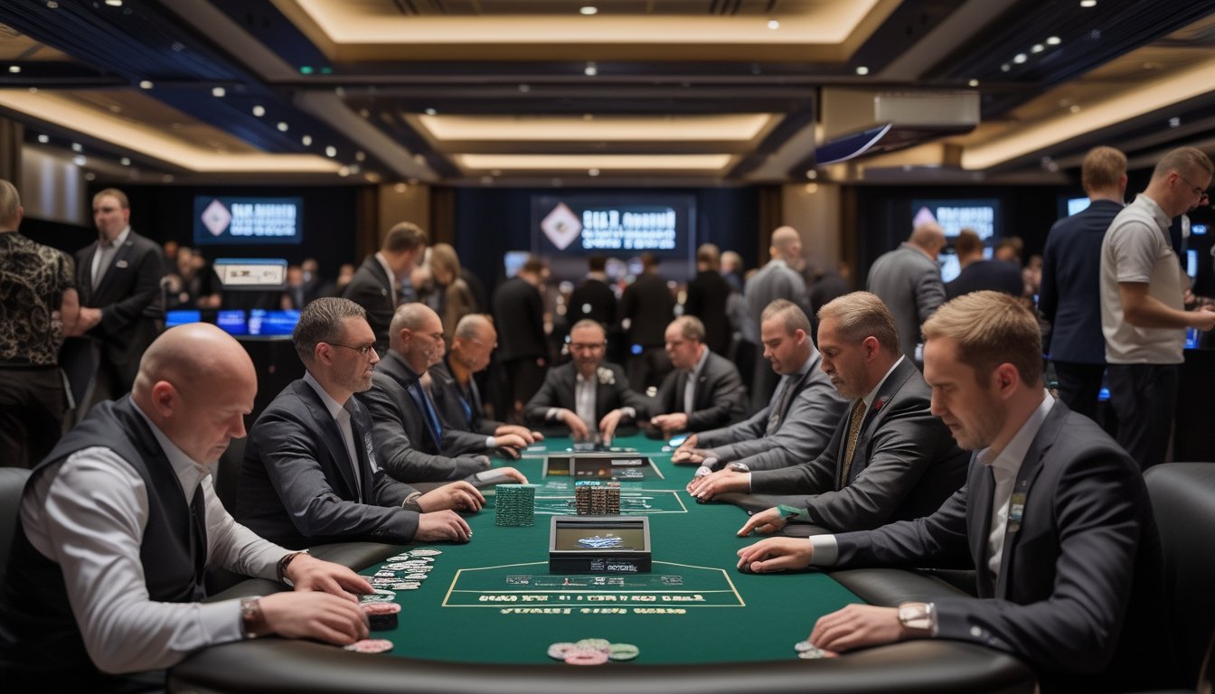 Para pemain tunarungu berkompetisi dalam turnamen poker dengan komunikasi bahasa isyarat di ruang kasino.